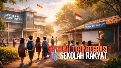 Ilustrasi sekolah terintegrasi dengan siswa dari berbagai jenjang belajar bersama dalam lingkungan pendidikan inklusif dan gratis.