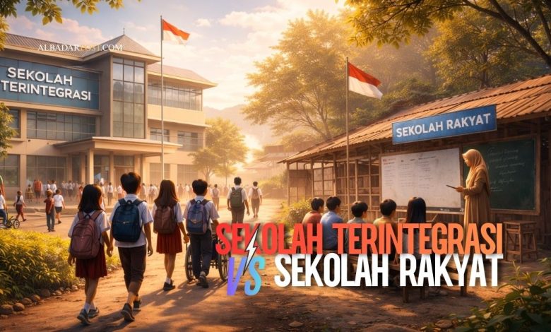 Ilustrasi sekolah terintegrasi dengan siswa dari berbagai jenjang belajar bersama dalam lingkungan pendidikan inklusif dan gratis.