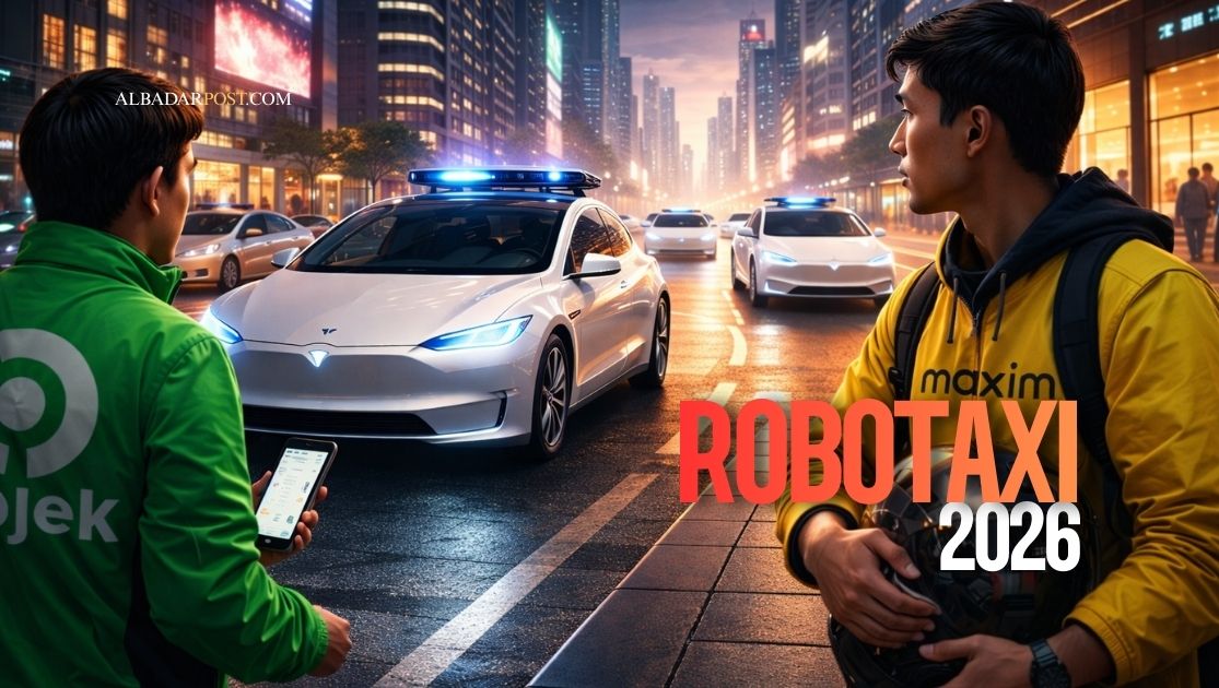 Ilustrasi kendaraan otonom Tesla di jalan kota modern, menggambarkan tantangan robotaxi 2026 bagi driver online dan ekonomi gig