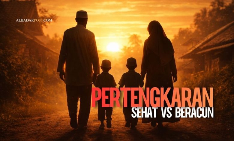 Ilustrasi keluarga dengan orang tua dan anak belajar menyelesaikan konflik secara sehat di rumah