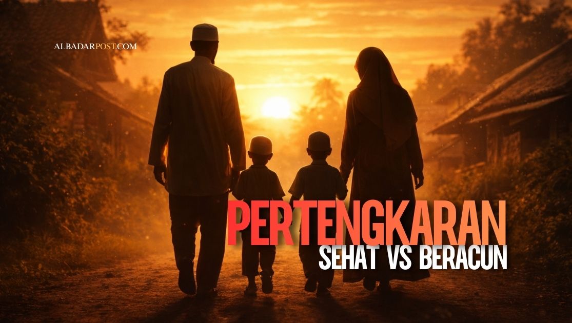 Ilustrasi keluarga dengan orang tua dan anak belajar menyelesaikan konflik secara sehat di rumah