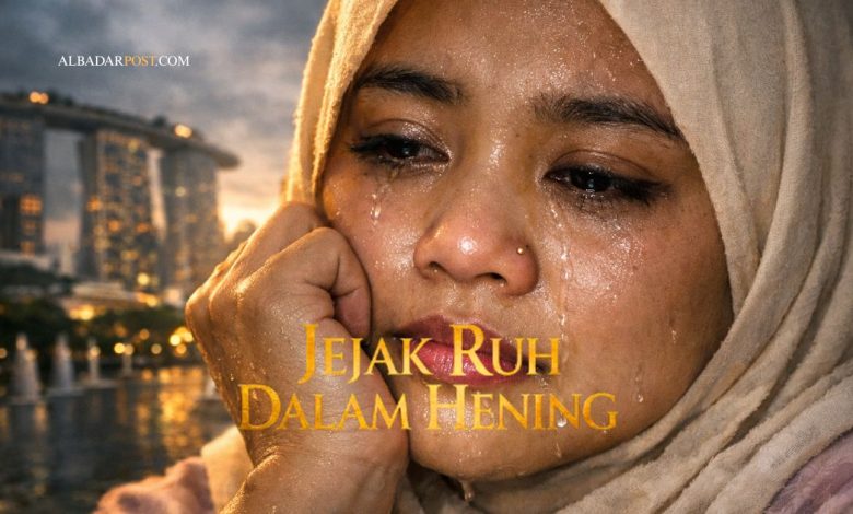 Ilustrasi perempuan berhijab cream menangis di lanskap kota, simbol kesabaran dan harapan di balik kesulitan hidup.