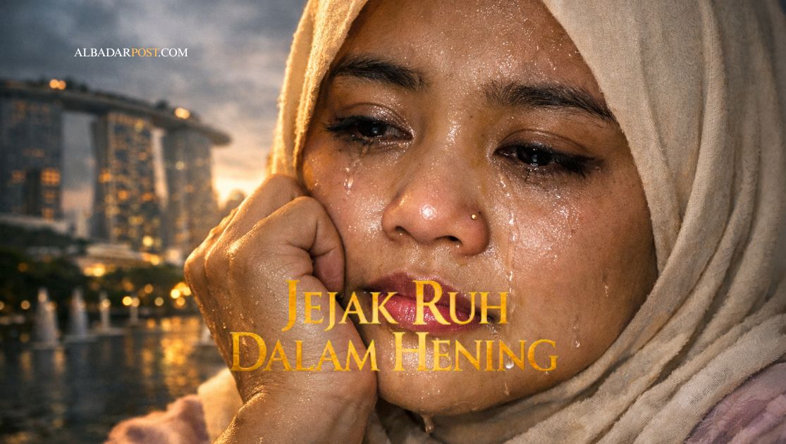 Ilustrasi perempuan berhijab cream menangis di lanskap kota, simbol kesabaran dan harapan di balik kesulitan hidup.