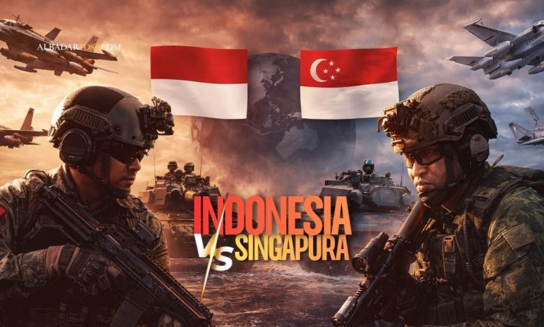 Perbandingan grafis kekuatan militer Indonesia vs Singapore menurut GlobalFirepower 2026 — memuat data PowerIndex, personel, armada, dan anggaran pertahanan.