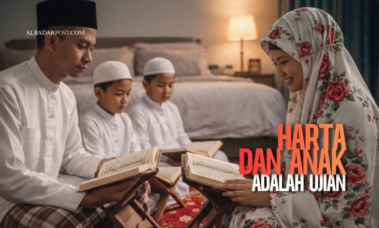 Refleksi makna QS At-Taghabun ayat 15 tentang harta dan anak sebagai ujian keimanan dalam kehidupan modern.