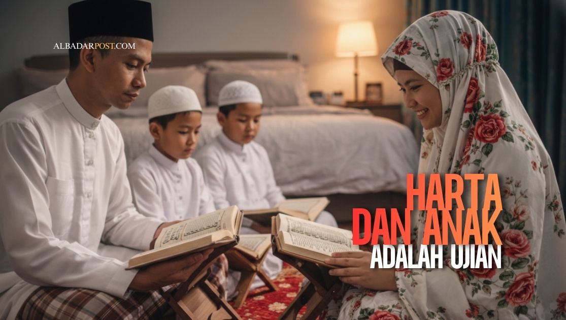 Refleksi makna QS At-Taghabun ayat 15 tentang harta dan anak sebagai ujian keimanan dalam kehidupan modern.