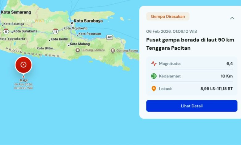 Ilustrasi sinematik pusat gempa Pacitan magnitudo 6,4 di laut selatan Jawa berdasarkan analisis BMKG.