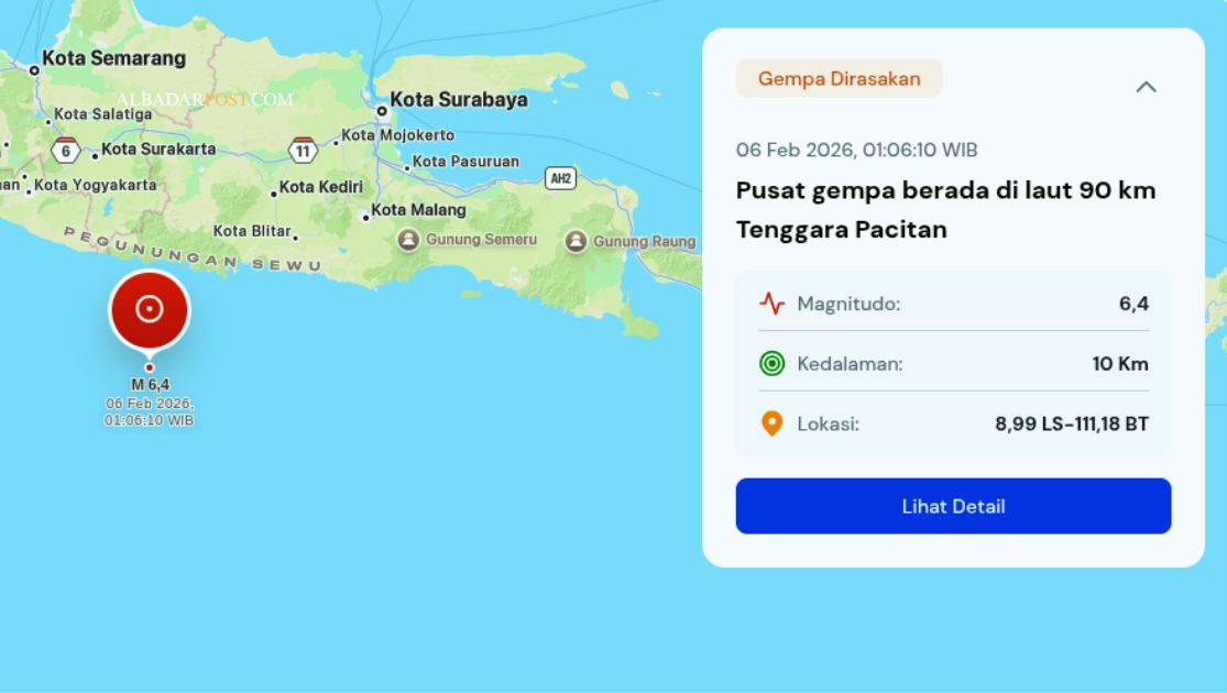 Ilustrasi sinematik pusat gempa Pacitan magnitudo 6,4 di laut selatan Jawa berdasarkan analisis BMKG.
