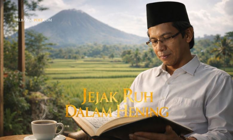 Ilustrasi manusia merenungi nikmat Allah di bawah langit luas dengan cahaya lembut, menggambarkan makna ayat Fabiayyi ala irobbikuma tukadziban