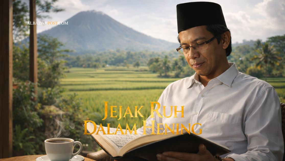 Ilustrasi manusia merenungi nikmat Allah di bawah langit luas dengan cahaya lembut, menggambarkan makna ayat Fabiayyi ala irobbikuma tukadziban