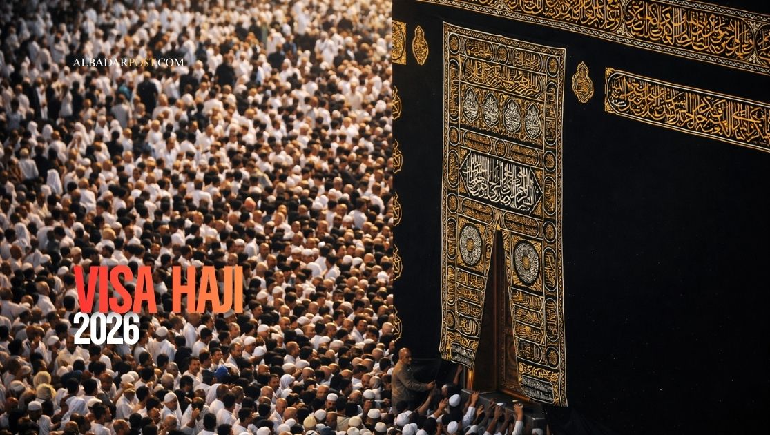 Ilustrasi jamaah haji di Masjidil Haram dengan latar Ka'bah, menggambarkan proses penerbitan visa haji Arab Saudi 2026 lebih awal.