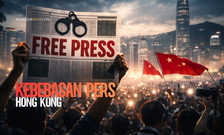 Ilustrasi simbol kebebasan pers di Hong Kong dengan sorotan global terhadap vonis Jimmy Lai dan dampaknya bagi media independen