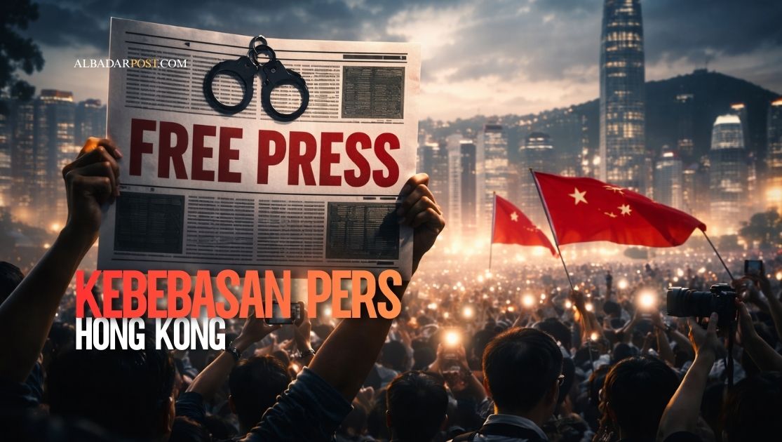 Ilustrasi simbol kebebasan pers di Hong Kong dengan sorotan global terhadap vonis Jimmy Lai dan dampaknya bagi media independen