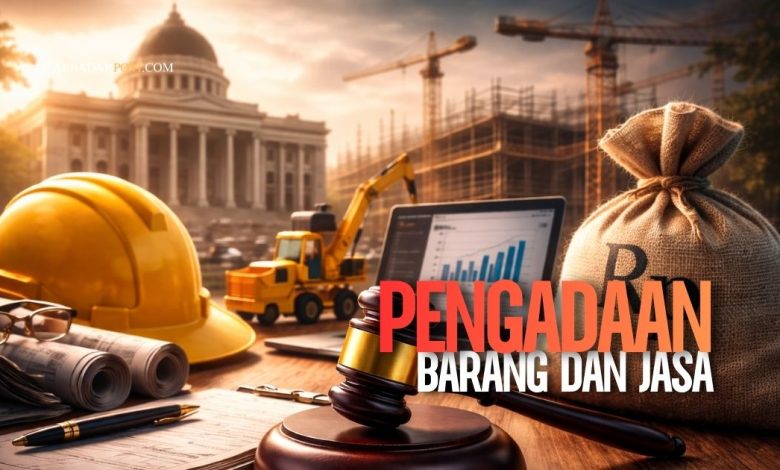 Ilustrasi proses pengadaan barang dan jasa pemerintah Indonesia berdasarkan Perpres 12 Tahun 2021 dan prinsip akuntabilitas hukum.