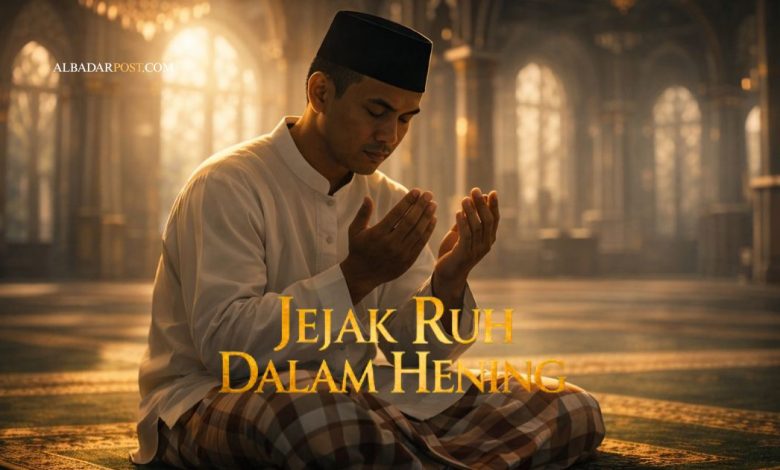 Ilustrasi siluet wanita berkerudung hitam duduk berdoa di atas sajadah, menundukkan kepala sambil menangis, melambangkan keikhlasan amal dan bahaya riya dalam ibadah.