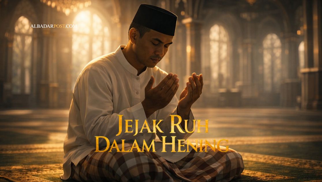 Ilustrasi siluet wanita berkerudung hitam duduk berdoa di atas sajadah, menundukkan kepala sambil menangis, melambangkan keikhlasan amal dan bahaya riya dalam ibadah.