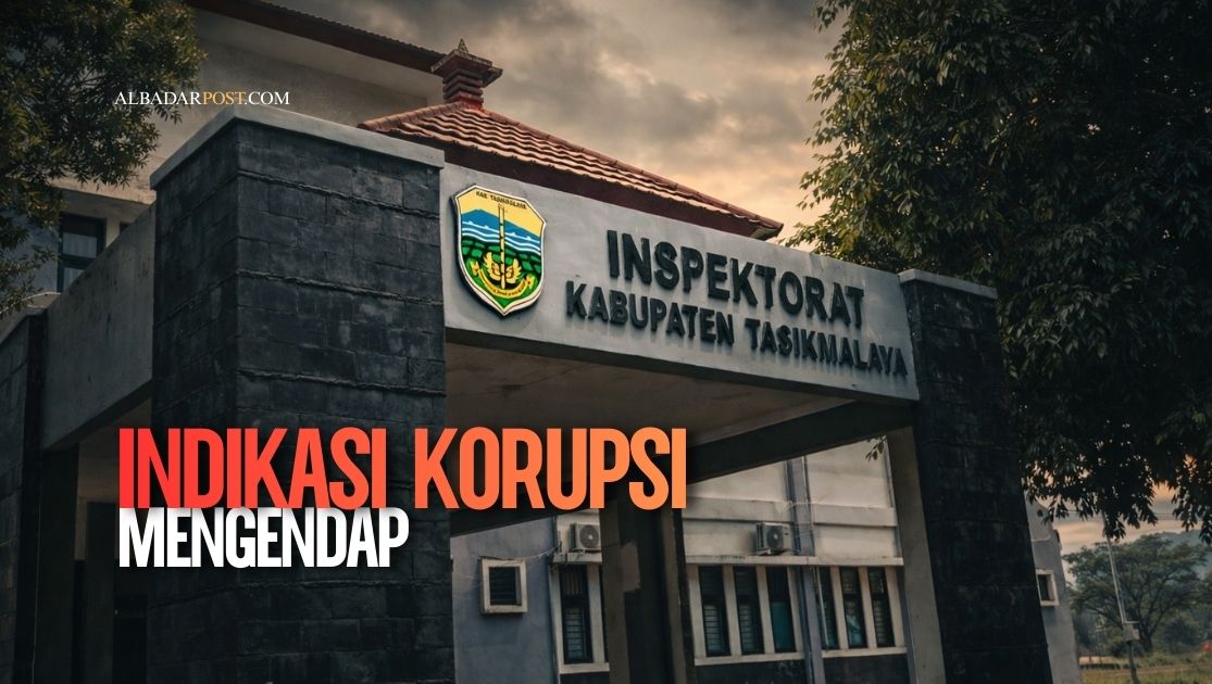 Ilustrasi gedung pemerintahan daerah dengan bayangan borgol dan dokumen anggaran, menggambarkan dugaan penyalahgunaan anggaran.