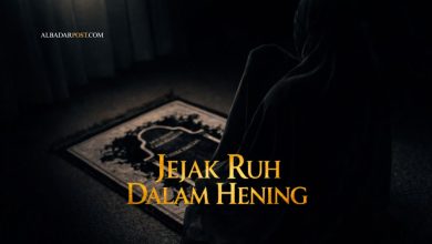 Ilustrasi futuristik seorang Muslim salat di tengah kota modern bercahaya sebagai simbol perbaikan hidup melalui ibadah.