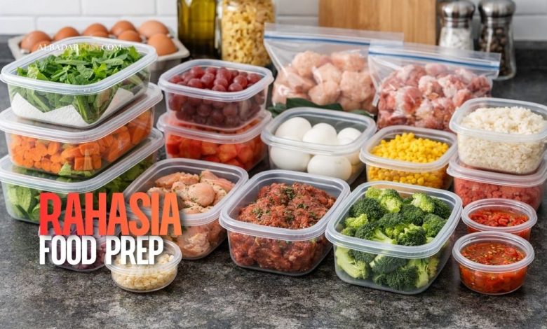 Ilustrasi meal prep mingguan dengan sayuran, daging, dan buah tersimpan rapi dalam wadah kedap udara di kulkas.