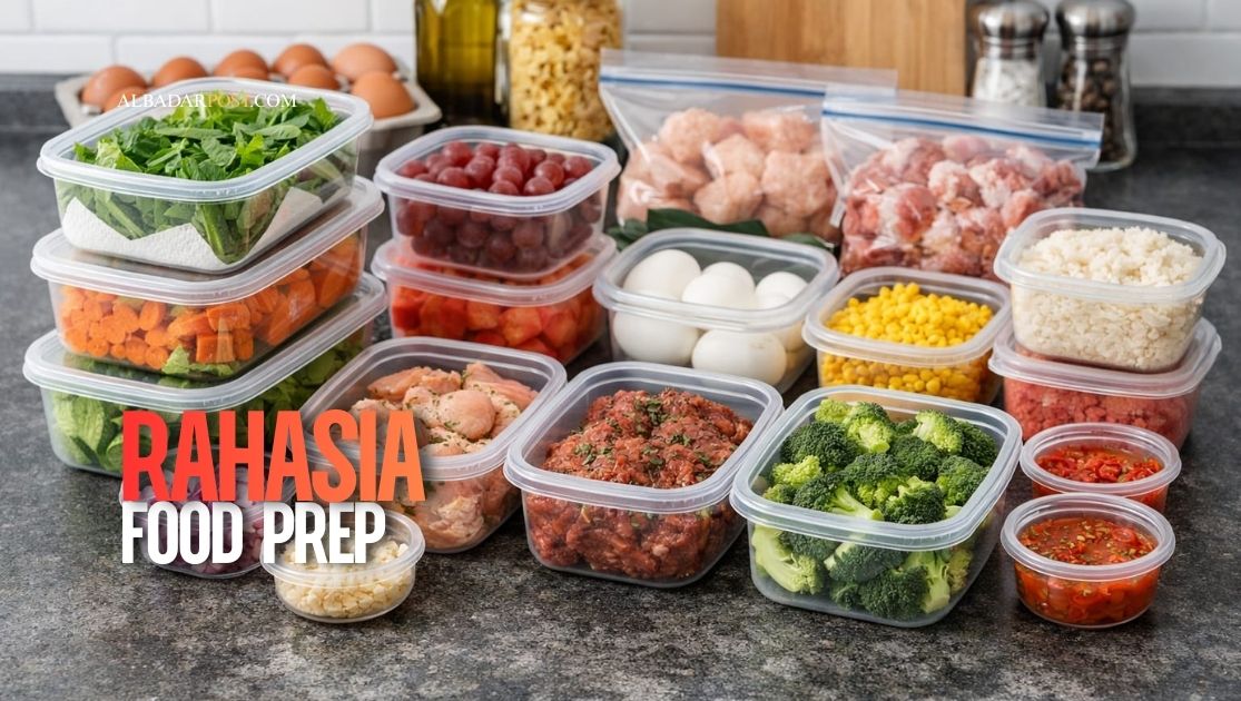 Ilustrasi meal prep mingguan dengan sayuran, daging, dan buah tersimpan rapi dalam wadah kedap udara di kulkas.