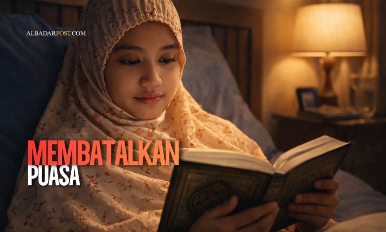 Ilustrasi muslim sedang membaca Al-Qur’an saat Ramadhan dengan cahaya lembut, simbol memahami hukum puasa.