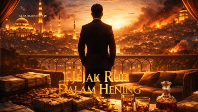 Ilustrasi futuristik sufistik tentang manusia terbuai kemewahan dunia sebagai gambaran istidraj dalam Islam berdasarkan QS Al-A’raf 182.