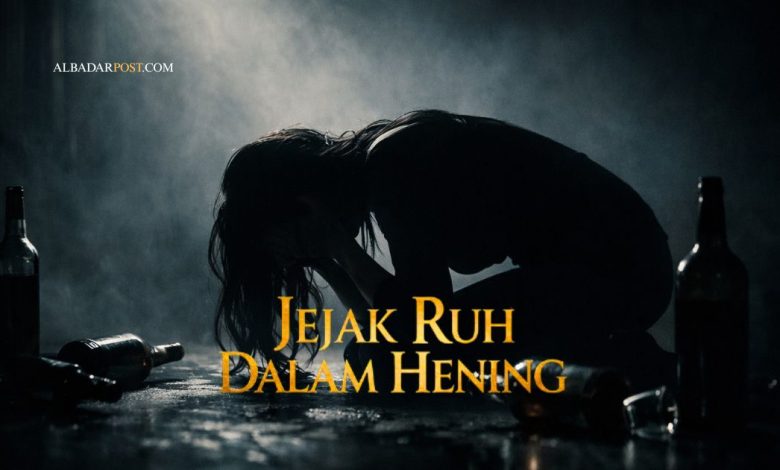 Siluet wanita bersujud menangis di ruang gelap dengan botol minuman keras sebagai simbol kesombongan dalam ibadah dan penyesalan dosa.