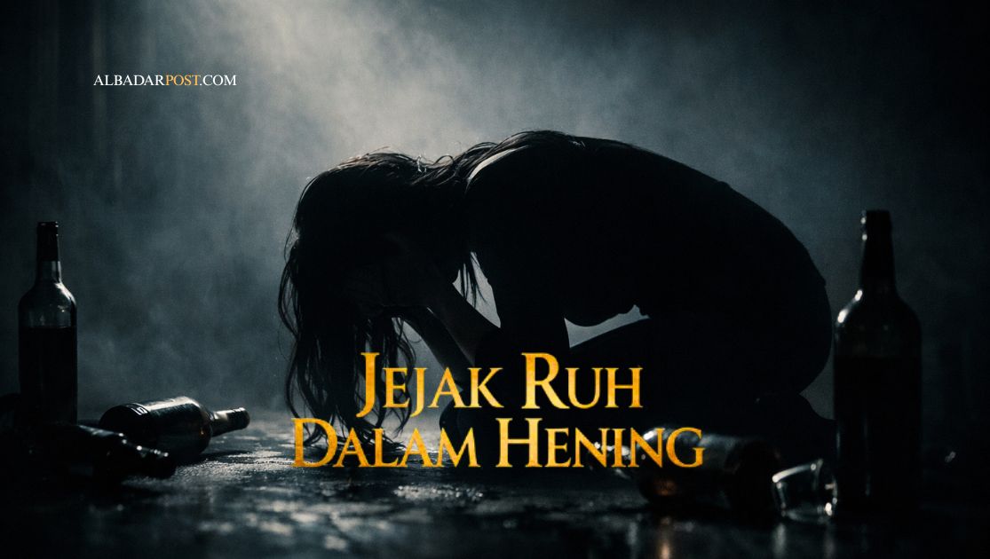 Siluet wanita bersujud menangis di ruang gelap dengan botol minuman keras sebagai simbol kesombongan dalam ibadah dan penyesalan dosa.