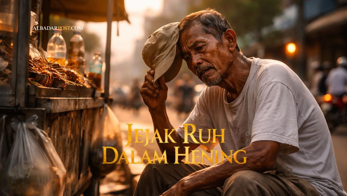 Ilustrasi suasana Ramadan dengan jamaah berdoa, menggambarkan makna sabar dan ridho menerima takdir Allah.