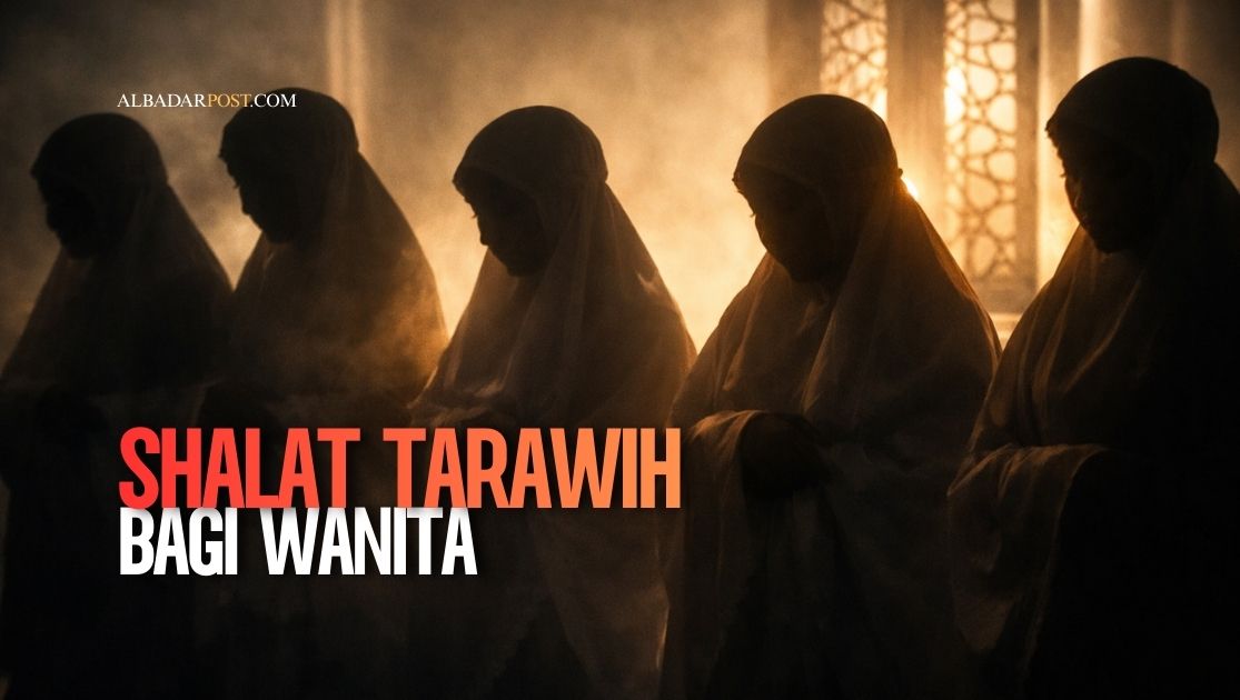 Ilustrasi wanita muslimah melaksanakan salat tarawih di rumah dengan mukena putih dalam suasana Ramadan yang khusyuk.