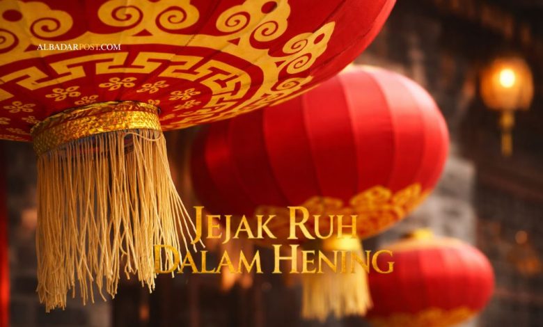 Ilustrasi kaligrafi Lakum Dinukum Waliyadin dengan latar cahaya senja yang melambangkan toleransi dan keteguhan iman.