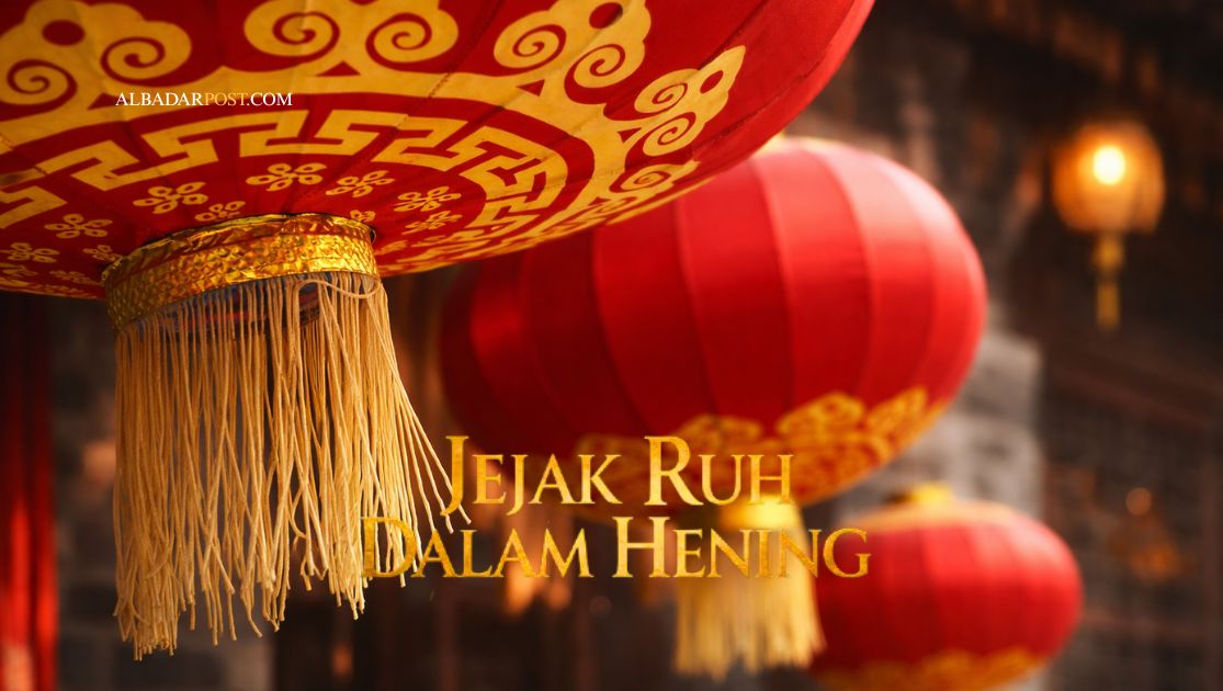 Ilustrasi kaligrafi Lakum Dinukum Waliyadin dengan latar cahaya senja yang melambangkan toleransi dan keteguhan iman.