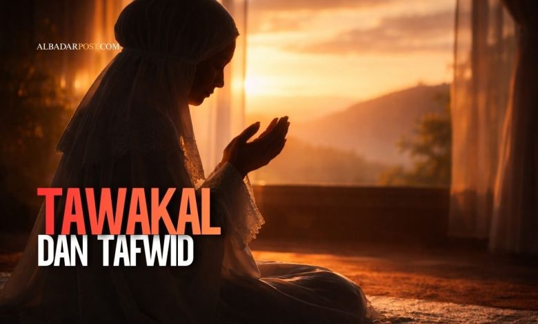 Ilustrasi seseorang berdoa dengan latar langit senja melambangkan tawakal dan tafwid kepada Allah.