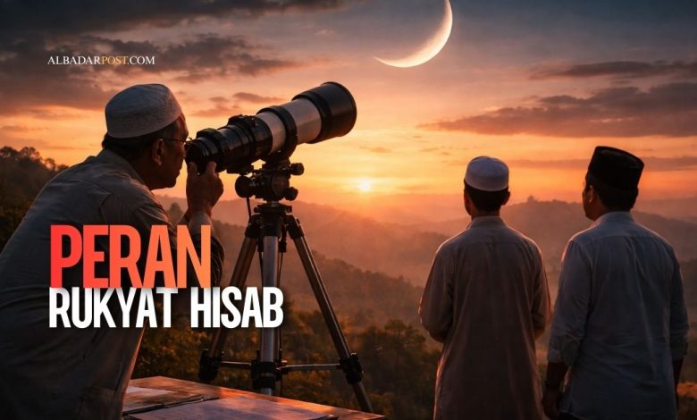Ilustrasi pengamatan hilal saat matahari terbenam sebagai bagian dari metode penanggalan Hijriah dalam Islam.