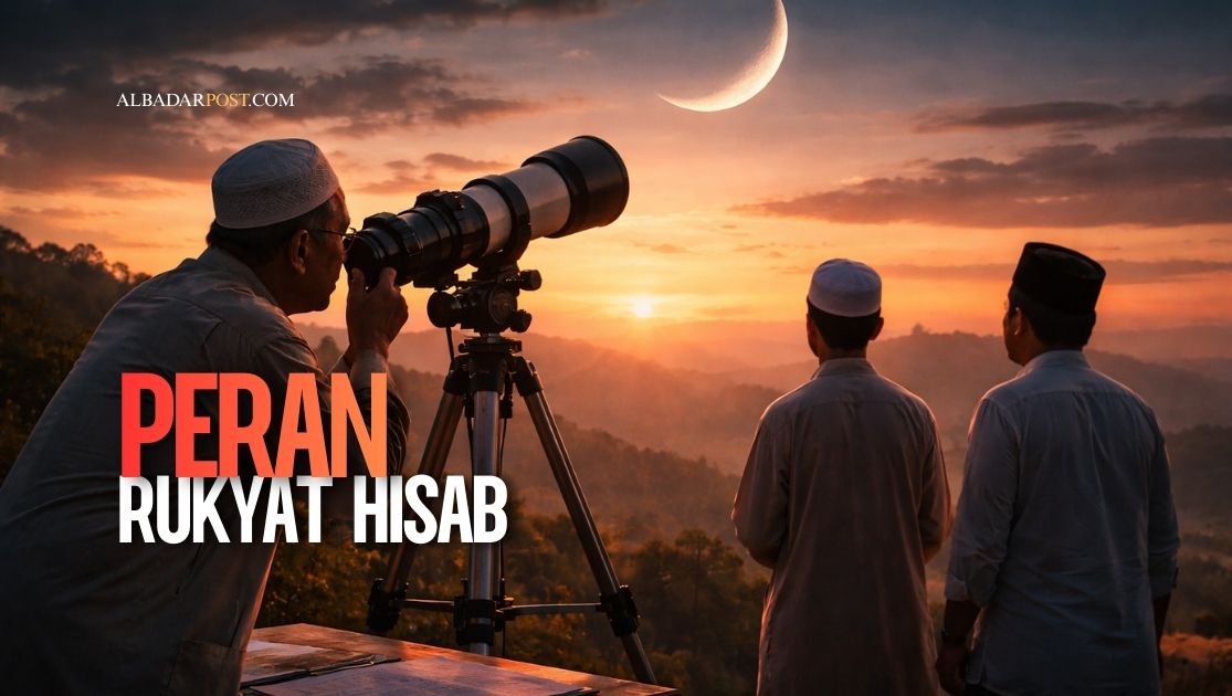 Ilustrasi pengamatan hilal saat matahari terbenam sebagai bagian dari metode penanggalan Hijriah dalam Islam.