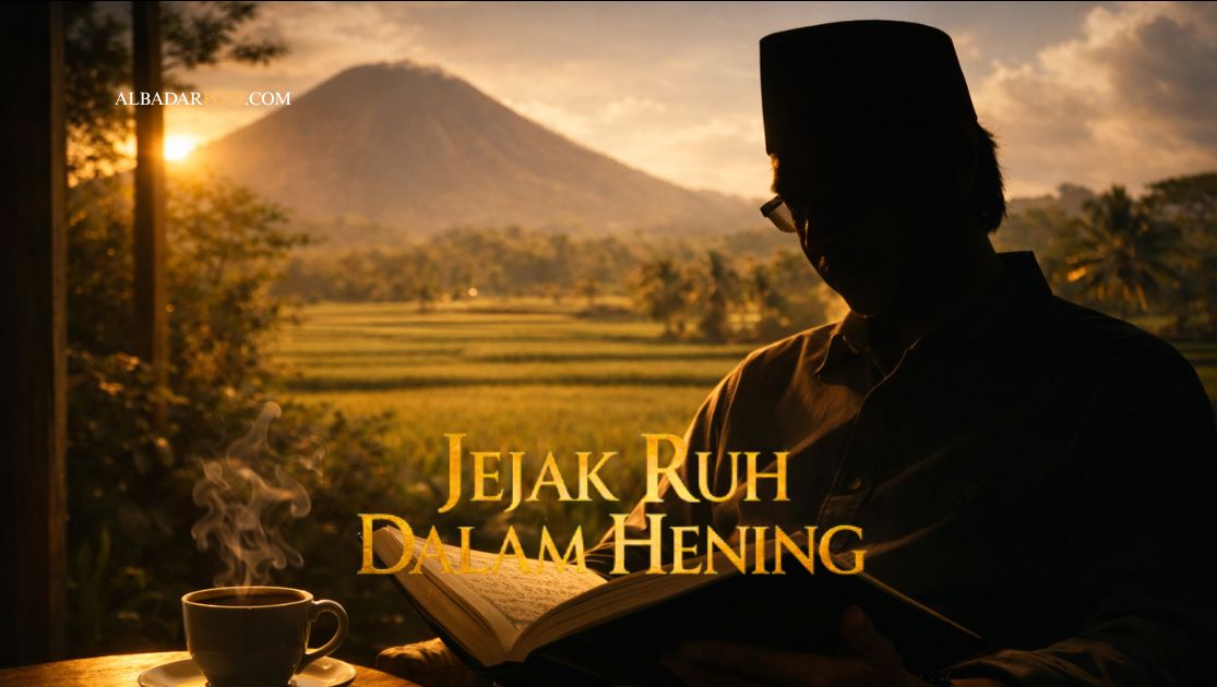 Ilustrasi pria dewasa membaca buku di ruang sederhana dengan cahaya senja, menggambarkan semangat jangan pernah berhenti belajar.