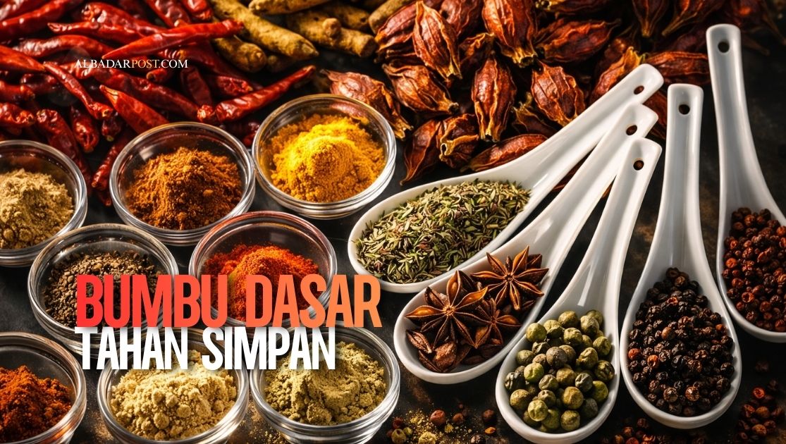 Ilustrasi bumbu dasar putih, merah, dan kuning dalam wadah kaca untuk stok 10 masakan di kulkas.