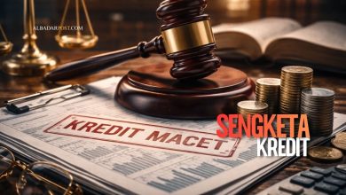 Ilustrasi palu hakim dan dokumen perbankan terkait Yurisprudensi MA 2899 K/Pdt/1994 tentang penghentian bunga kredit macet.