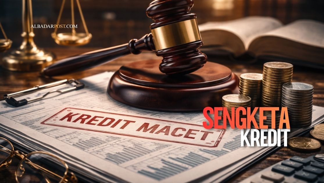 Ilustrasi palu hakim dan dokumen perbankan terkait Yurisprudensi MA 2899 K/Pdt/1994 tentang penghentian bunga kredit macet.