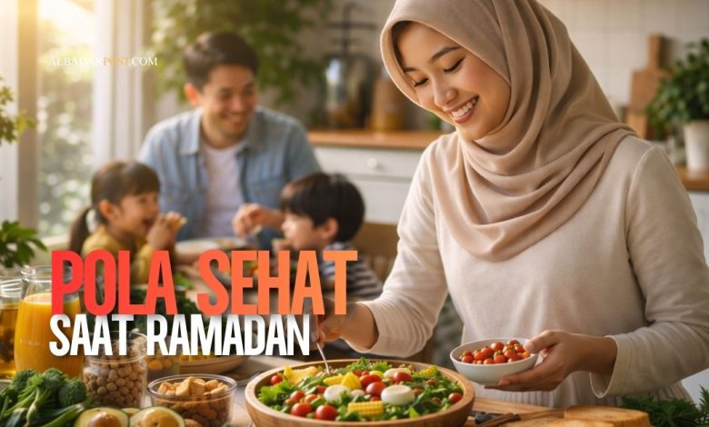 Ibu muslimah menyiapkan menu sahur bergizi dengan sayur, protein, dan buah untuk nutrisi keluarga sehat saat Ramadan.
