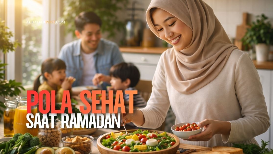 Ibu muslimah menyiapkan menu sahur bergizi dengan sayur, protein, dan buah untuk nutrisi keluarga sehat saat Ramadan.