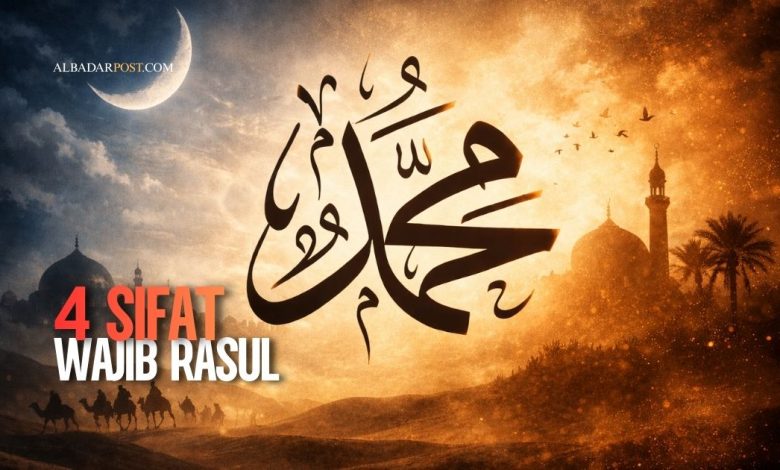 Ilustrasi 4 Sifat Wajib Rasul: Sidiq Amanah Tabligh Fathonah sebagai teladan kepemimpinan Islam.