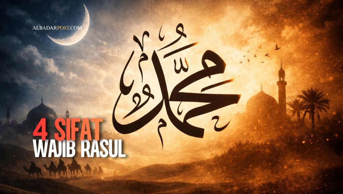 Ilustrasi 4 Sifat Wajib Rasul: Sidiq Amanah Tabligh Fathonah sebagai teladan kepemimpinan Islam.