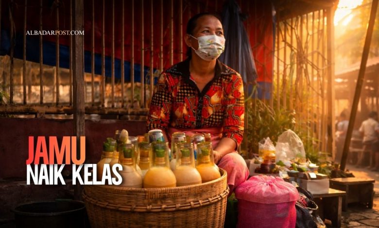 Botol jamu modern berisi kunyit asam dan jahe lemon dalam kemasan estetik dengan latar minimalis kekinian.