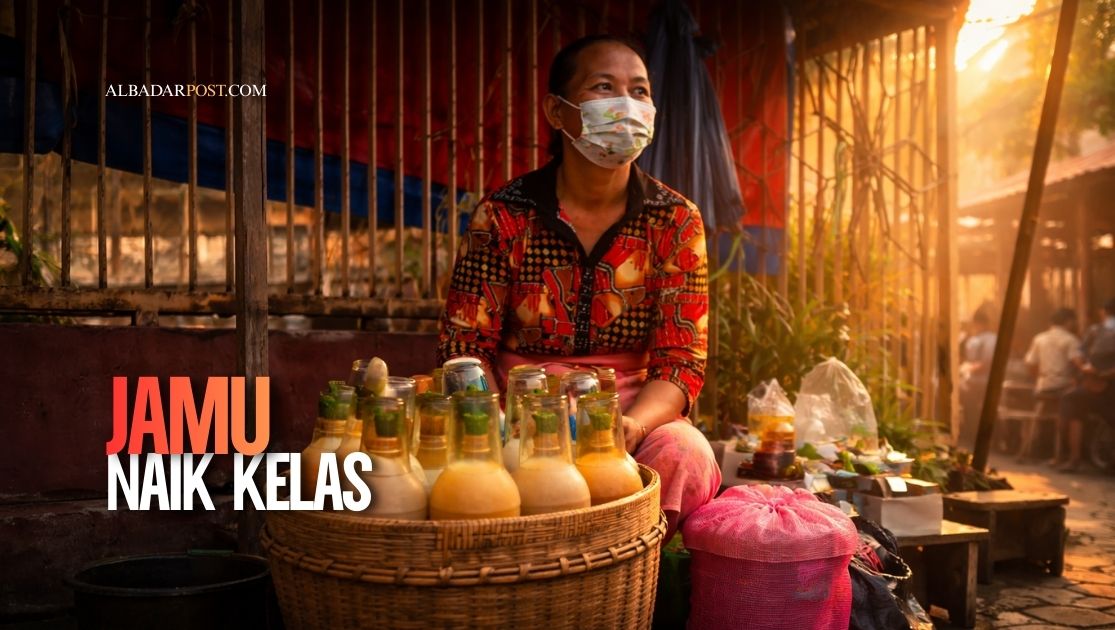 Botol jamu modern berisi kunyit asam dan jahe lemon dalam kemasan estetik dengan latar minimalis kekinian.