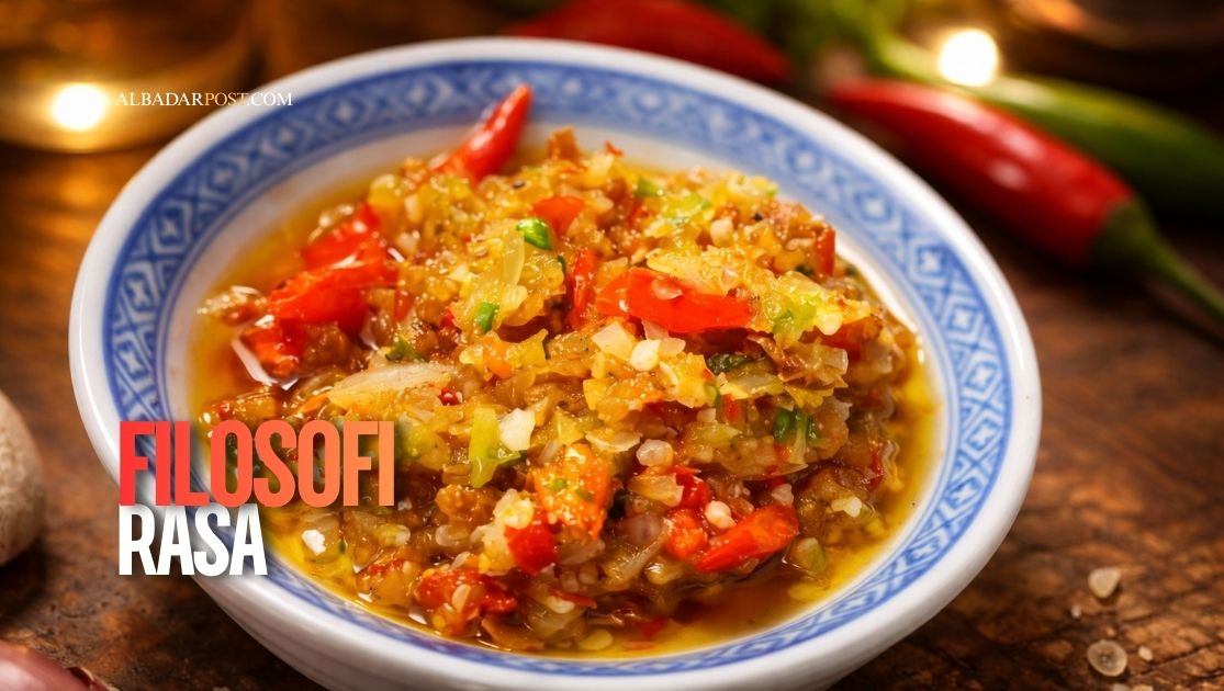 Ilustrasi siluet perempuan menikmati hidangan dengan suasana hangat, menggambarkan filosofi rasa dan makna di balik makanan.