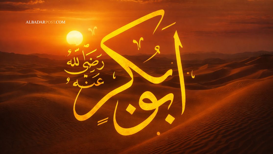 Ilustrasi Abu Bakar Ash-Shiddiq mendampingi Rasulullah SAW dalam hijrah, menggambarkan keteguhan iman dan kepemimpinan Islam awal.