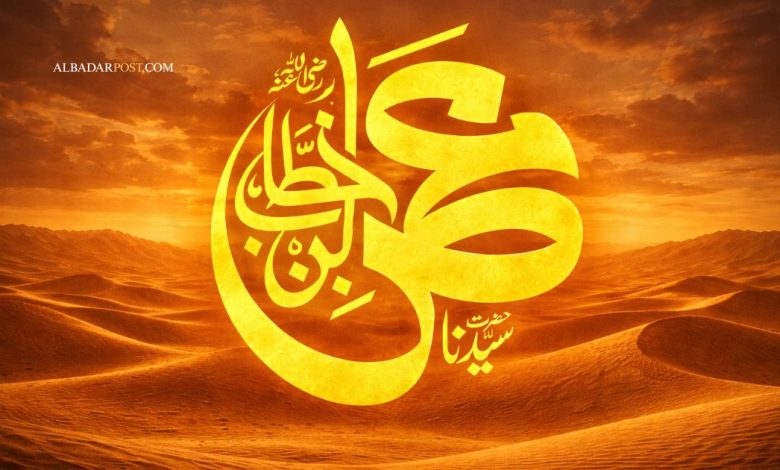 Ilustrasi Umar bin Khattab sebagai khalifah Islam dengan nuansa kepemimpinan, keadilan, dan ketegasan.