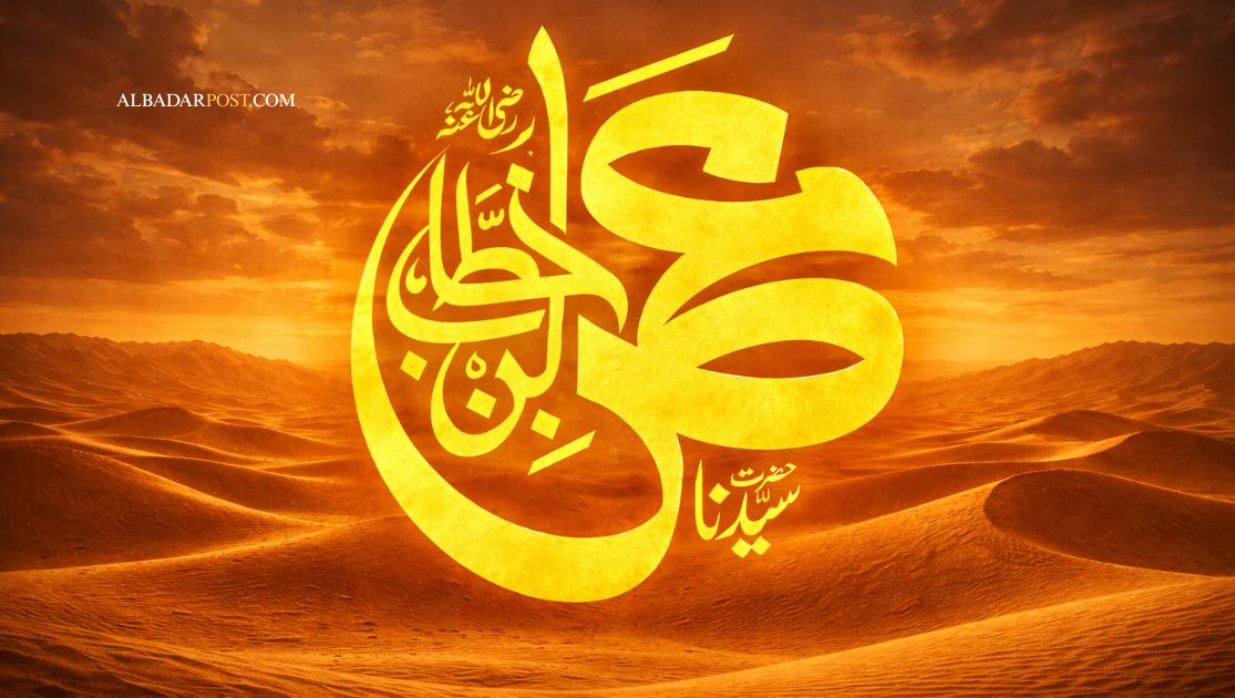 Ilustrasi Umar bin Khattab sebagai khalifah Islam dengan nuansa kepemimpinan, keadilan, dan ketegasan.