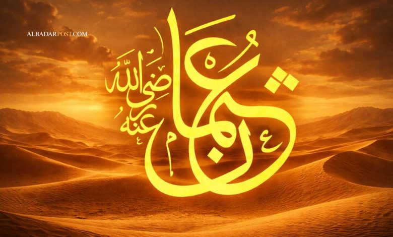 Ilustrasi siluet Utsman bin Affan, khalifah ketiga Khulafaur Rasyidin, simbol kedermawanan dan penyatu mushaf Al-Qur’an.